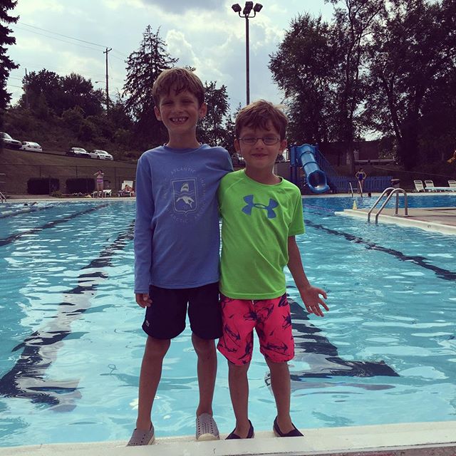 Big day for Noah! Out of complete determination to keep up with Collin, he swam the length of the pool and passed the swim test so that he can go off the slide and diving board.