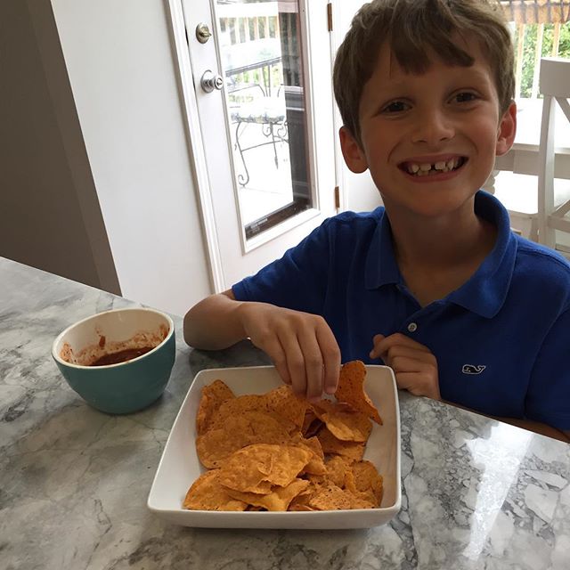 I got to hear all about his awesome first day of second grade over chips and salsa. He said it was so much fun and flew by in what felt like only one hour and the only bad part was Mrs. Dominick loves frogs.